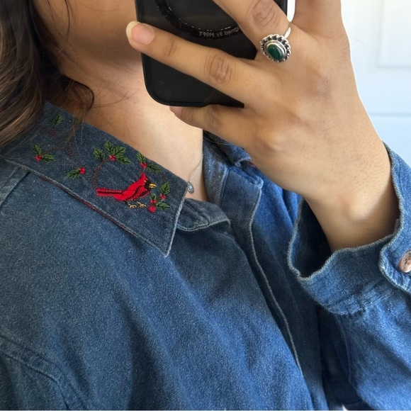 Liz & Me Tops - VINTAGE EMBROIDERED Cardinal Denim Button Down